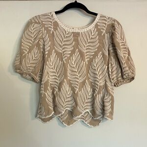 Solitaire Elegant Beige Leaf Embroidered Women's Boho Coastal Earthy Top